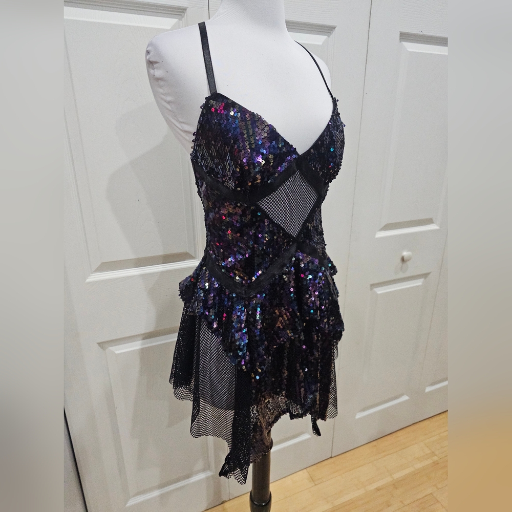 Dolls Kill Club Exx Fantastical Firefly Fishnet Sequin Black Purple Rave Dress S - Picture 2 of 14